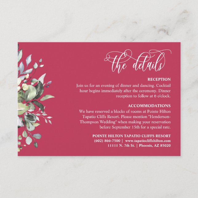 Viva Magenta Greenery QR Code Details Card 5x3.5" (Front)