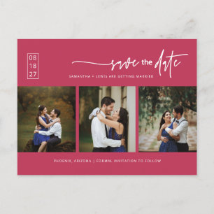 Viva Magenta Minimal Photo QR Code Save the Date Postcard