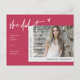Viva Magenta Minimal Photo She Did It Graduation P Postcard