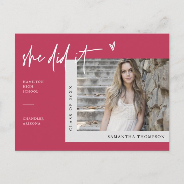 Viva Magenta Minimal Photo She Did It Graduation P Postcard (Front)