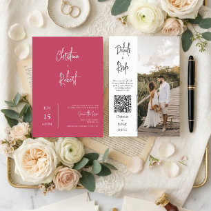 Viva Magenta Modern Boho Wedding Photo QR Code Invitation