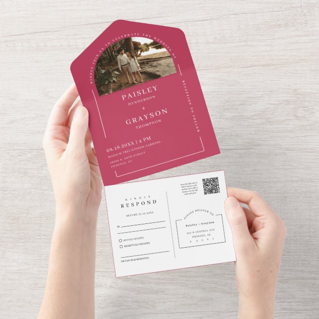 Viva Magenta Modern Minimalist Arch Photo QR Code All In One Invitation (Tearaway)