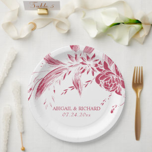 Viva magenta pink and white flowers wedding paper plate