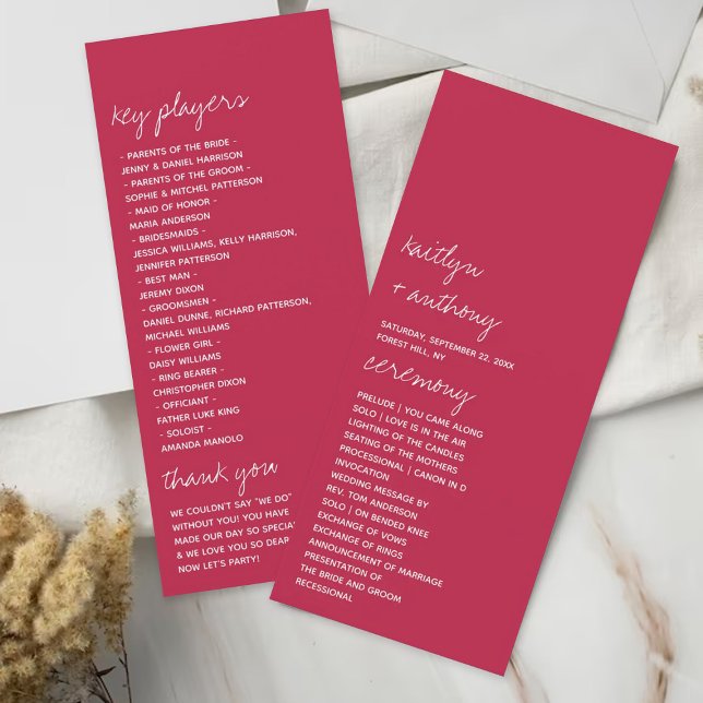 Viva Magenta Script Minimalistic Wedding Program Rack Card (Creator Uploaded)