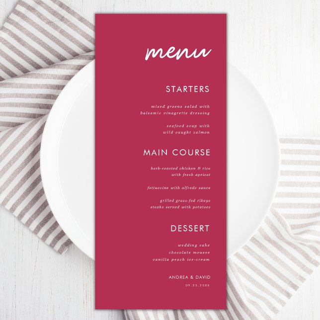 Viva Magenta Vibrant Minimalist Wedding Dinner Men Menu (Creator Uploaded)