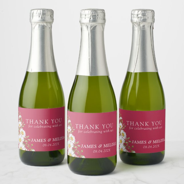 Viva Magenta & White Daisies Wedding   Sparkling Wine Label (Bottles)