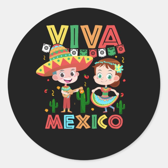 Viva Mexico Boy Girl Maracas Guitar Mexican Indepe Classic Round Sticker (Front)