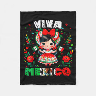 Viva Mexico Mexican Girl Flag Independence Day Gir Fleece Blanket
