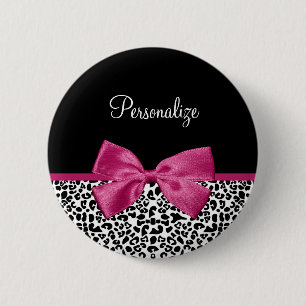 Vivacious Dark Pink Ribbon Leopard Print With Name 6 Cm Round Badge