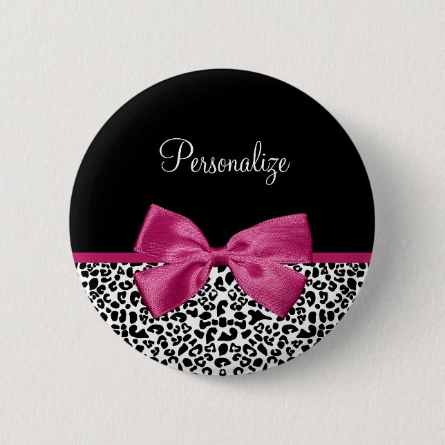 Vivacious Dark Pink Ribbon Leopard Print With Name 6 Cm Round Badge (Front)