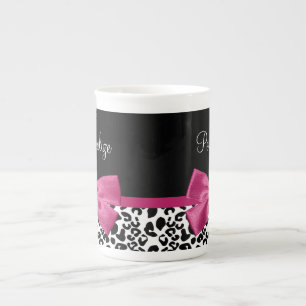 Vivacious Dark Pink Ribbon Leopard Print With Name Bone China Mug