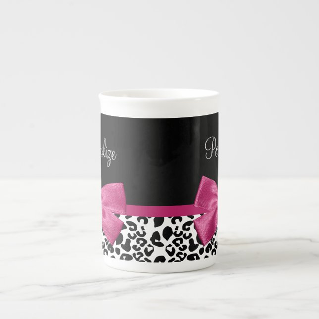 Vivacious Dark Pink Ribbon Leopard Print With Name Bone China Mug (Front)