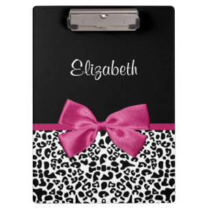Vivacious Dark Pink Ribbon Leopard Print With Name Clipboard