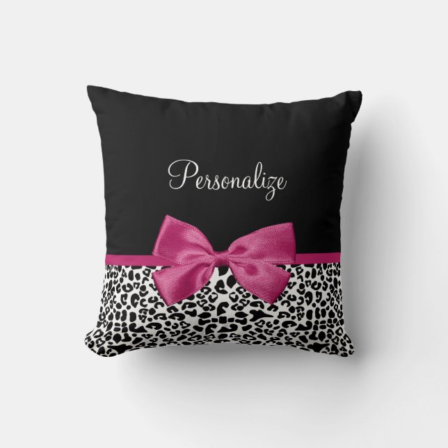 Vivacious Dark Pink Ribbon Leopard Print With Name Cushion (Front)