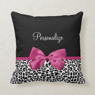 Vivacious Dark Pink Ribbon Leopard Print With Name Cushion