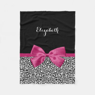 Vivacious Dark Pink Ribbon Leopard Print With Name Fleece Blanket