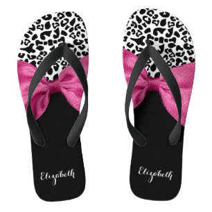 Vivacious Dark Pink Ribbon Leopard Print With Name Jandals