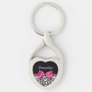 Vivacious Dark Pink Ribbon Leopard Print With Name Key Ring