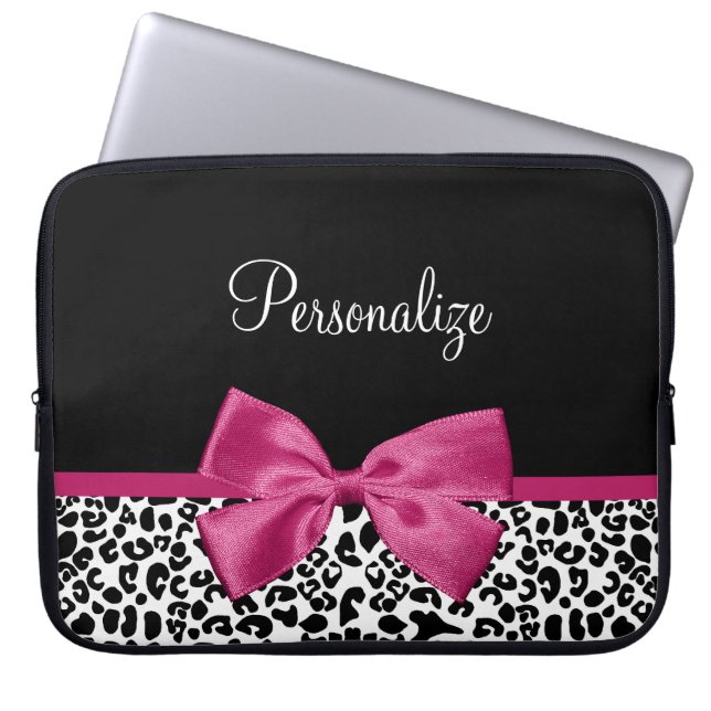 Vivacious Dark Pink Ribbon Leopard Print With Name Laptop Sleeve (Front)