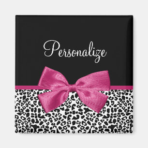 Vivacious Dark Pink Ribbon Leopard Print With Name Magnet