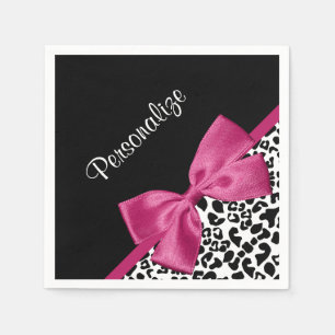 Vivacious Dark Pink Ribbon Leopard Print With Name Napkin