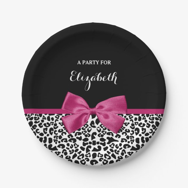 Vivacious Dark Pink Ribbon Leopard Print With Name Paper Plate (Front)