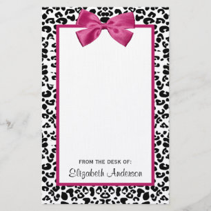 Vivacious Dark Pink Ribbon Leopard Print With Name Stationery