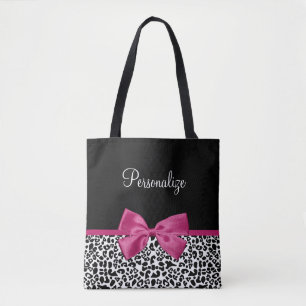 Vivacious Dark Pink Ribbon Leopard Print With Name Tote Bag