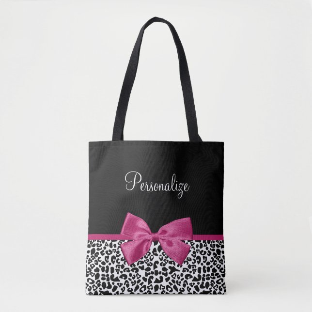 Vivacious Dark Pink Ribbon Leopard Print With Name Tote Bag (Front)