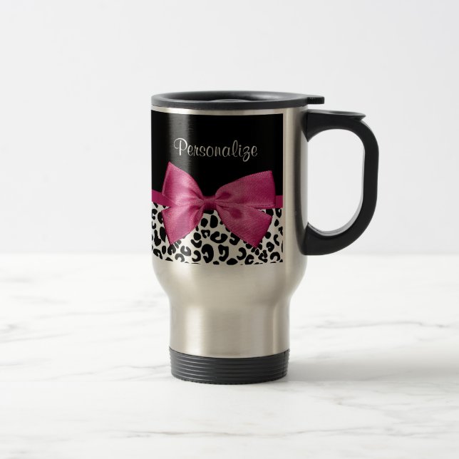 Vivacious Dark Pink Ribbon Leopard Print With Name Travel Mug (Right)