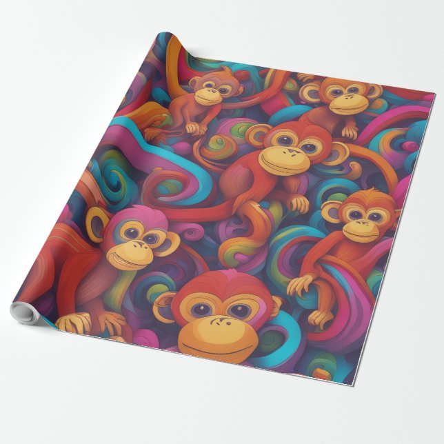 Vivid 3D Monkeys Wrapping Paper – Vibrant and Play (Unrolled)