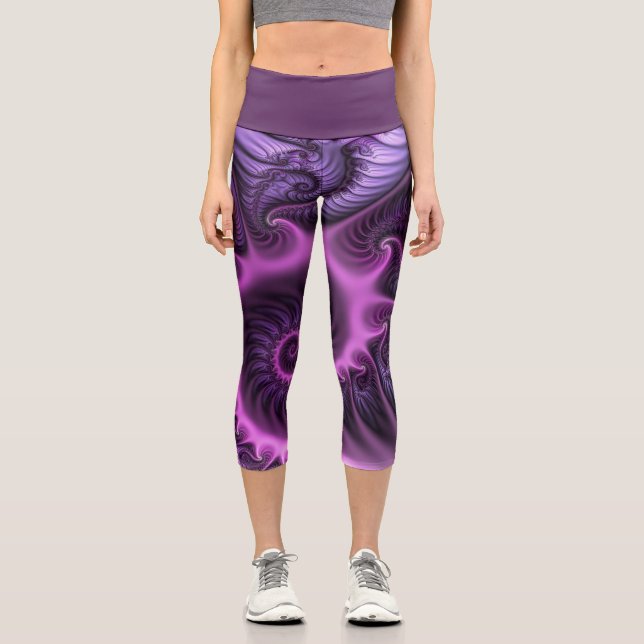 Vivid Abstract Cool Pink Purple Fractal Art Spiral Capri Leggings (Front)