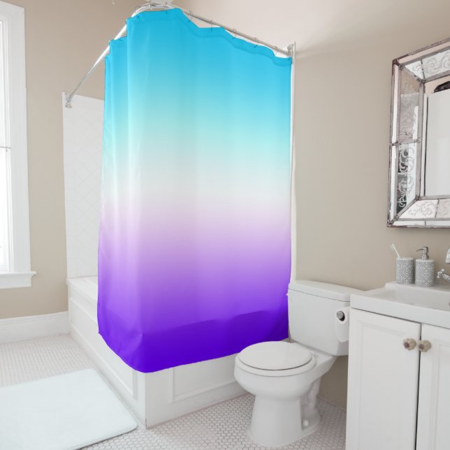 Vivid Aqua Blue White and Indigo Purple Ombre Shower Curtain (In Situ)
