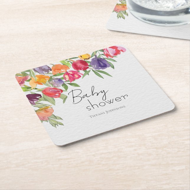 Vivid Blooms Bright Tulips Baby Shower Square Paper Coaster (Angled)