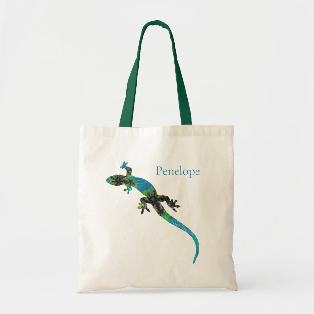 Vivid Blue and Green Fractal Lizard with Name Tote Bag (Front)