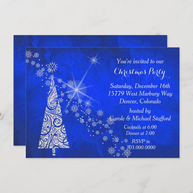 Vivid Blue Christmas Tree Party Invitation (Front/Back)
