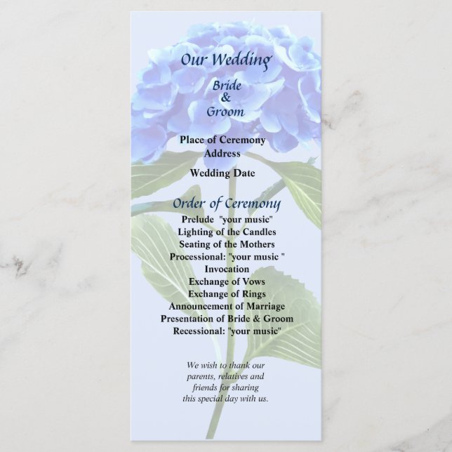 Vivid Blue Hydrangea Wedding Program Programme (Front)