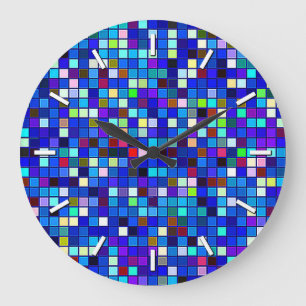Vivid Blue Multicolored Square Tiles Pattern Large Clock
