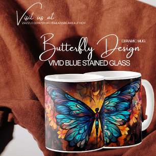 Vivid Blue Stained Glass Butterfly Design  Coffee Mug