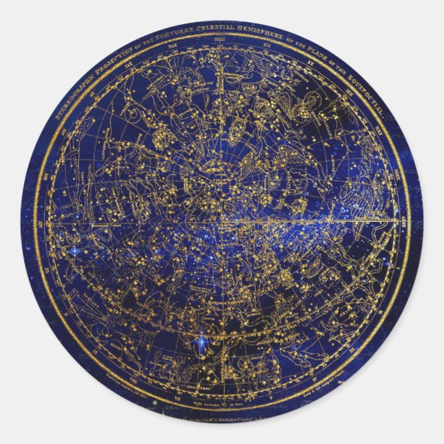Vivid Blue Star Map/Golden Constellation Globe Classic Round Sticker (Front)