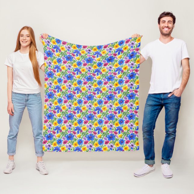 Vivid Blue Yellow Red Purple Flowers Pattern Fleece Blanket (In Situ)