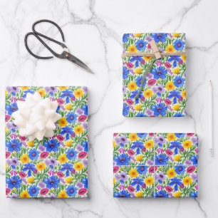 Vivid Blue Yellow Red Purple Flowers Pattern Wrapping Paper Sheet