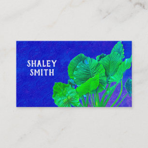vivid bold blue  with green leaves nature art  business card