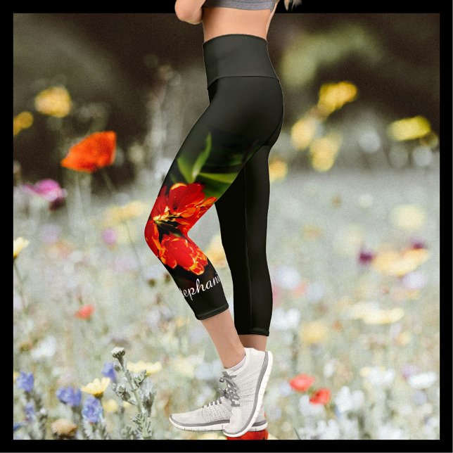Vivid Bright Orange Floral with Personalised Name Capri Leggings (Creator Uploaded)