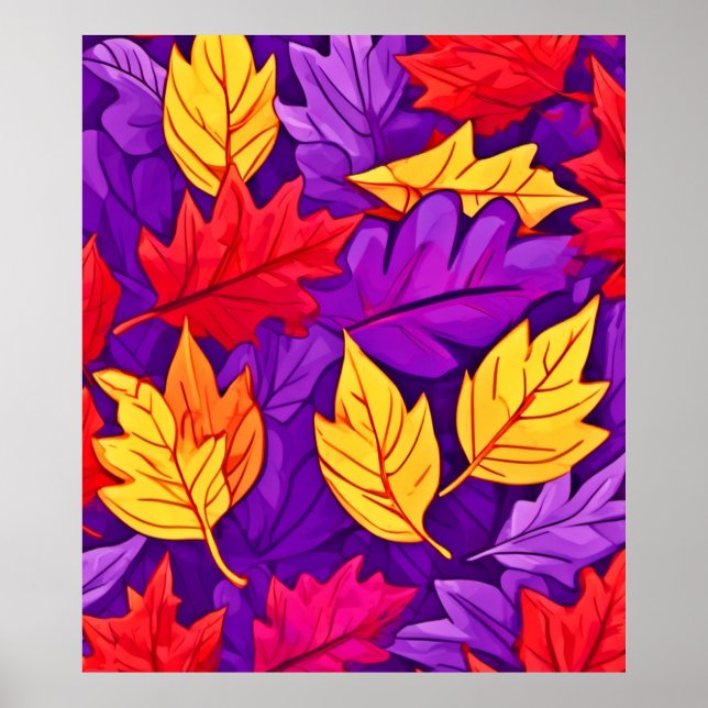 Vivid Cartoon Leaves: Purple, Yellow, Red Poster (Front)