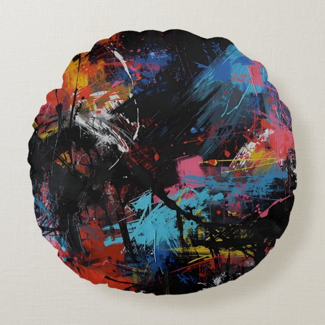 Vivid Chaos – Bold Abstract Expressionist Art Prin Round Cushion (Front)