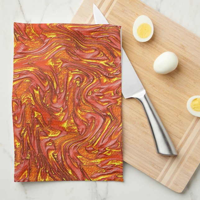 Vivid clear red texture with shades of yellow tea towel (Quarter Fold)