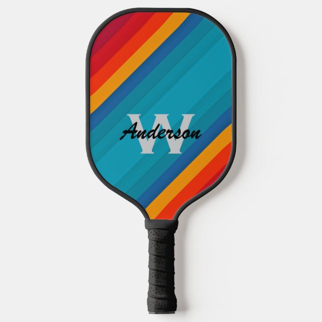 Vivid colour Stripes personalise Monogram & Name Pickleball Paddle (Front)
