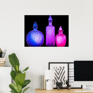 Vivid Coloured Glass Perfume Bottles On a Wall Poster
