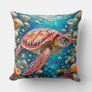 Vivid Coral Reef Scene With Sea Turtle and Marine Cushion